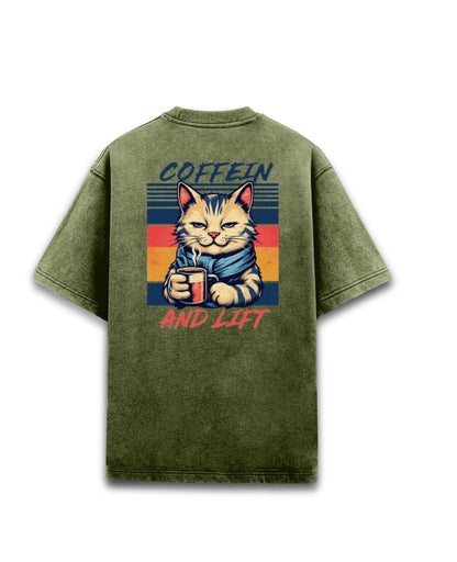 "Coffein and Lift" Retro Cat Graphic Acid Wash T-Shirt