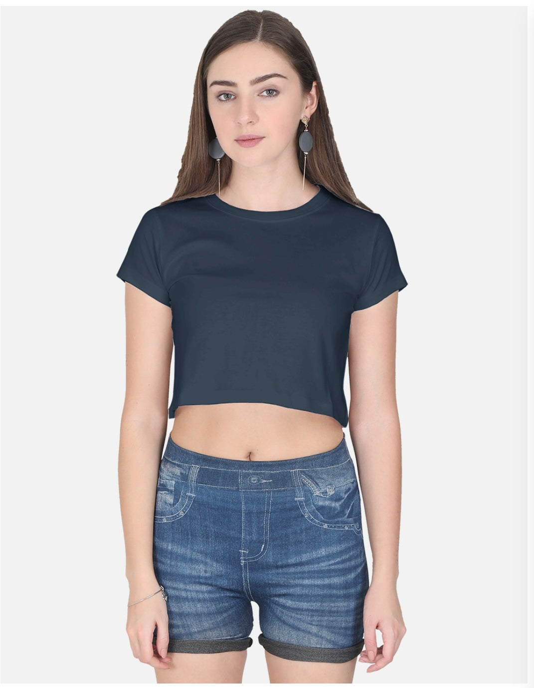 Women's Navy Blue Cotton Short Sleeve Crop Top