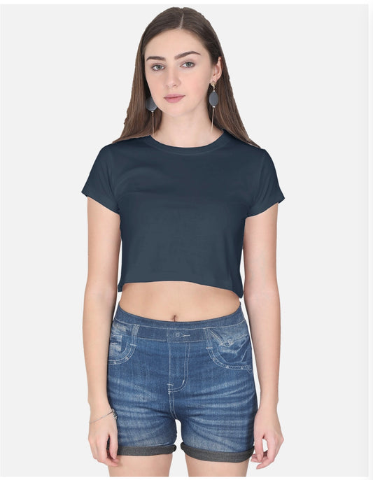 Women's Navy Blue Cotton Short Sleeve Crop Top