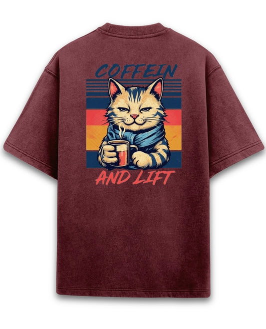 "Coffein and Lift" Retro Cat Graphic Acid Wash T-Shirt