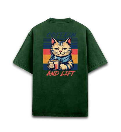 "Coffein and Lift" Retro Cat Graphic Acid Wash T-Shirt